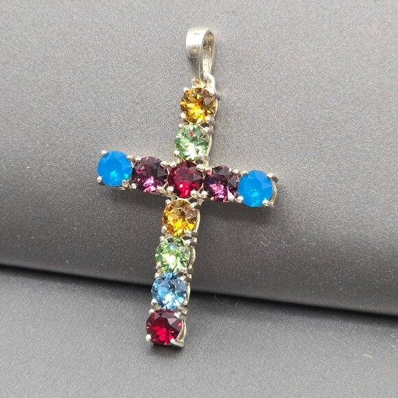 Vintage Sterling Silver Multicolored Rhinestone Crystal Cross Pendant Statement - Picture 10 of 10